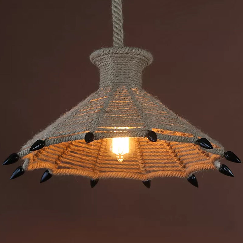Rural Flared/Birdcage/Basket Pendant Lamp Single-Bulb Natural Rope Hanging Light Fixture in Black and Brown Clearhalo 'Ceiling Lights' 'Industrial Pendants' 'Industrial' 'Middle Century Pendants' 'Pendant Lights' 'Pendants' 'Tiffany' Lighting' 1911710