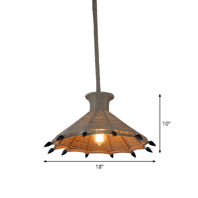 Rural Flared/Birdcage/Basket Pendant Lamp Single-Bulb Natural Rope Hanging Light Fixture in Black and Brown Clearhalo 'Ceiling Lights' 'Industrial Pendants' 'Industrial' 'Middle Century Pendants' 'Pendant Lights' 'Pendants' 'Tiffany' Lighting' 1911711