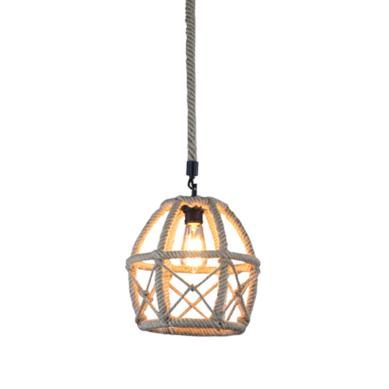 Rural Flared/Birdcage/Basket Pendant Lamp Single-Bulb Natural Rope Hanging Light Fixture in Black and Brown Clearhalo 'Ceiling Lights' 'Industrial Pendants' 'Industrial' 'Middle Century Pendants' 'Pendant Lights' 'Pendants' 'Tiffany' Lighting' 1911713