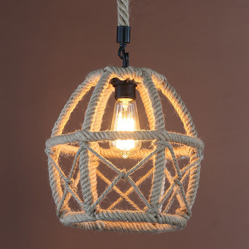 Rural Flared/Birdcage/Basket Pendant Lamp Single-Bulb Natural Rope Hanging Light Fixture in Black and Brown Clearhalo 'Ceiling Lights' 'Industrial Pendants' 'Industrial' 'Middle Century Pendants' 'Pendant Lights' 'Pendants' 'Tiffany' Lighting' 1911714