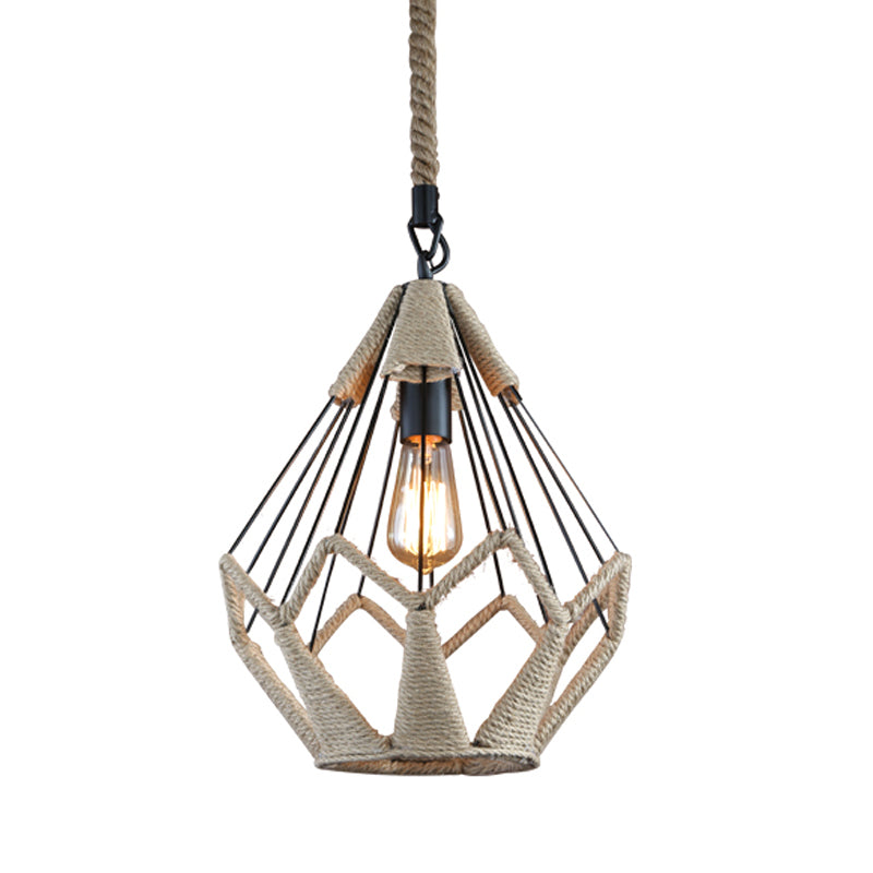 Rural Flared/Birdcage/Basket Pendant Lamp Single-Bulb Natural Rope Hanging Light Fixture in Black and Brown Brown C Clearhalo 'Ceiling Lights' 'Industrial Pendants' 'Industrial' 'Middle Century Pendants' 'Pendant Lights' 'Pendants' 'Tiffany' Lighting' 1911716