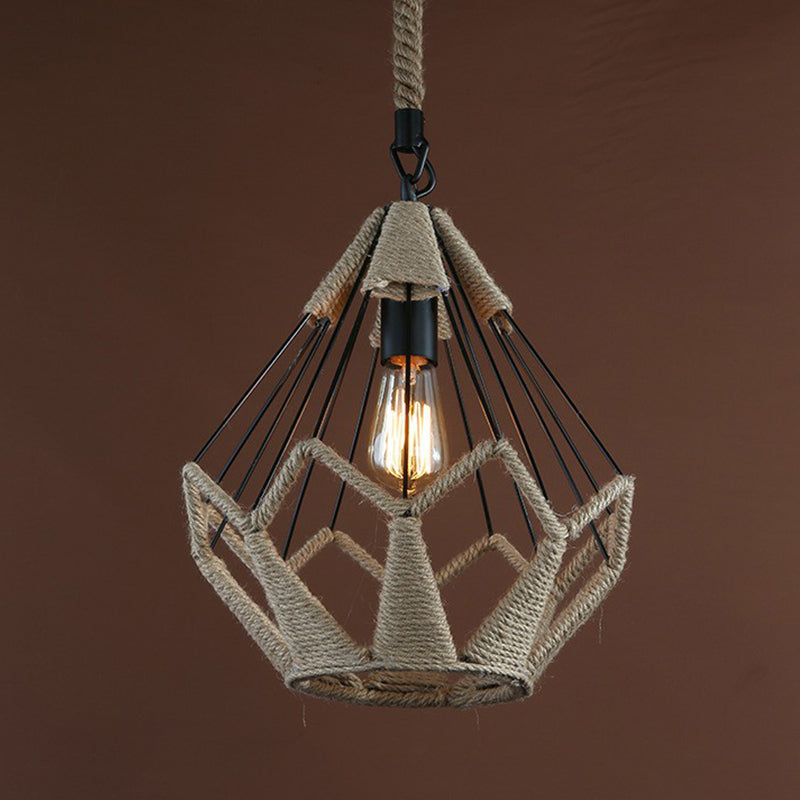 Rural Flared/Birdcage/Basket Pendant Lamp Single-Bulb Natural Rope Hanging Light Fixture in Black and Brown Clearhalo 'Ceiling Lights' 'Industrial Pendants' 'Industrial' 'Middle Century Pendants' 'Pendant Lights' 'Pendants' 'Tiffany' Lighting' 1911717
