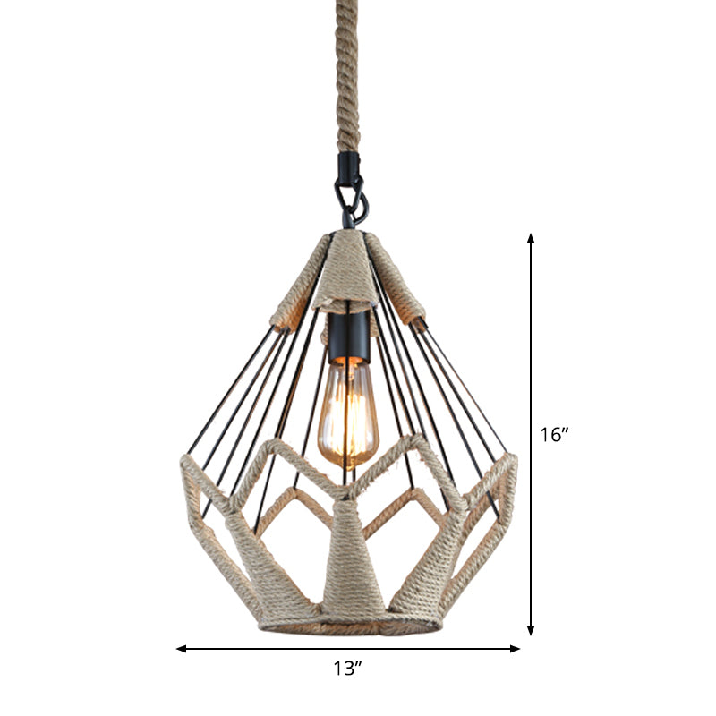 Rural Flared/Birdcage/Basket Pendant Lamp Single-Bulb Natural Rope Hanging Light Fixture in Black and Brown Clearhalo 'Ceiling Lights' 'Industrial Pendants' 'Industrial' 'Middle Century Pendants' 'Pendant Lights' 'Pendants' 'Tiffany' Lighting' 1911718