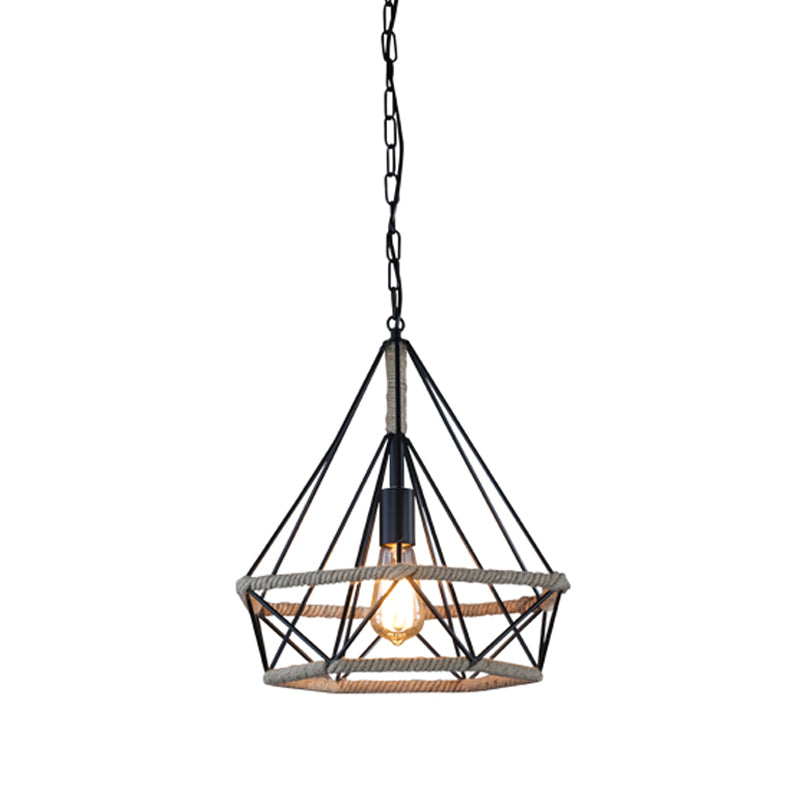 Rural Flared/Birdcage/Basket Pendant Lamp Single-Bulb Natural Rope Hanging Light Fixture in Black and Brown Brown A Clearhalo 'Ceiling Lights' 'Industrial Pendants' 'Industrial' 'Middle Century Pendants' 'Pendant Lights' 'Pendants' 'Tiffany' Lighting' 1911719