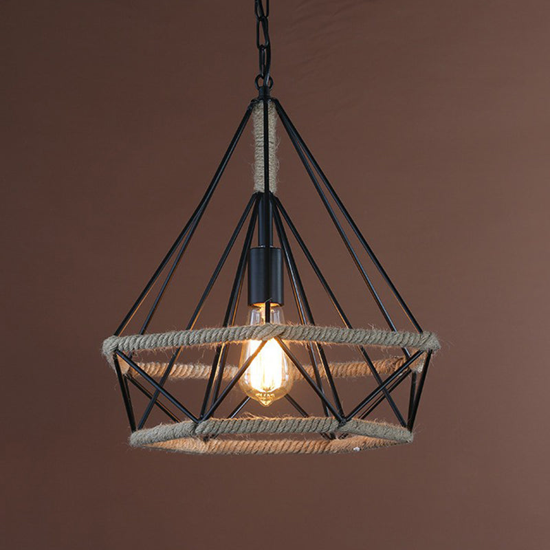 Rural Flared/Birdcage/Basket Pendant Lamp Single-Bulb Natural Rope Hanging Light Fixture in Black and Brown Clearhalo 'Ceiling Lights' 'Industrial Pendants' 'Industrial' 'Middle Century Pendants' 'Pendant Lights' 'Pendants' 'Tiffany' Lighting' 1911720