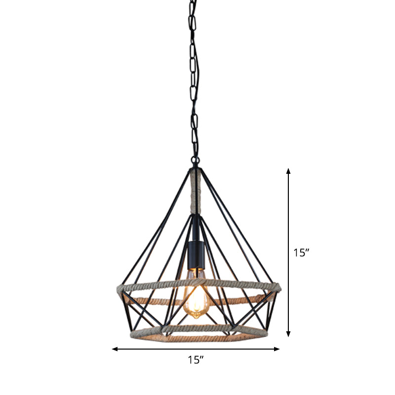 Rural Flared/Birdcage/Basket Pendant Lamp Single-Bulb Natural Rope Hanging Light Fixture in Black and Brown Clearhalo 'Ceiling Lights' 'Industrial Pendants' 'Industrial' 'Middle Century Pendants' 'Pendant Lights' 'Pendants' 'Tiffany' Lighting' 1911721