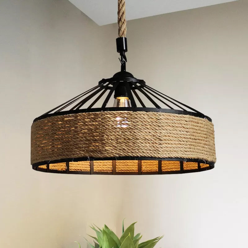 Barn Caged Dining Room Ceiling Pendant Rustic Rope 1-Light Brown Hanging Light Fixture, 12"/16"/19.5" Wide Clearhalo 'Ceiling Lights' 'Industrial Pendants' 'Industrial' 'Middle Century Pendants' 'Pendant Lights' 'Pendants' 'Tiffany' Lighting' 1911732