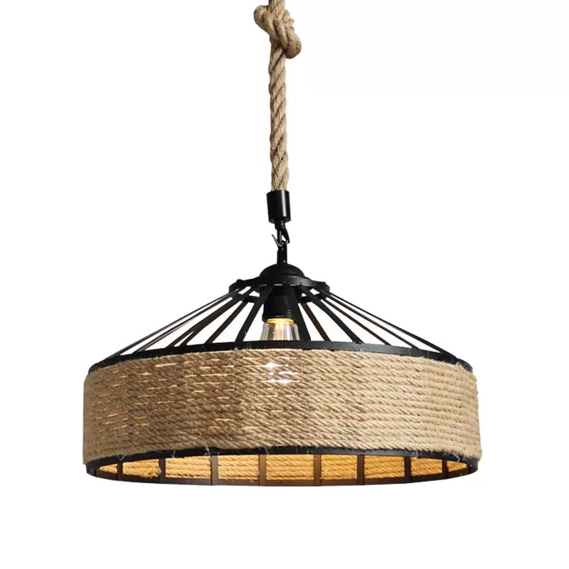 Barn Caged Dining Room Ceiling Pendant Rustic Rope 1-Light Brown Hanging Light Fixture, 12"/16"/19.5" Wide Clearhalo 'Ceiling Lights' 'Industrial Pendants' 'Industrial' 'Middle Century Pendants' 'Pendant Lights' 'Pendants' 'Tiffany' Lighting' 1911733