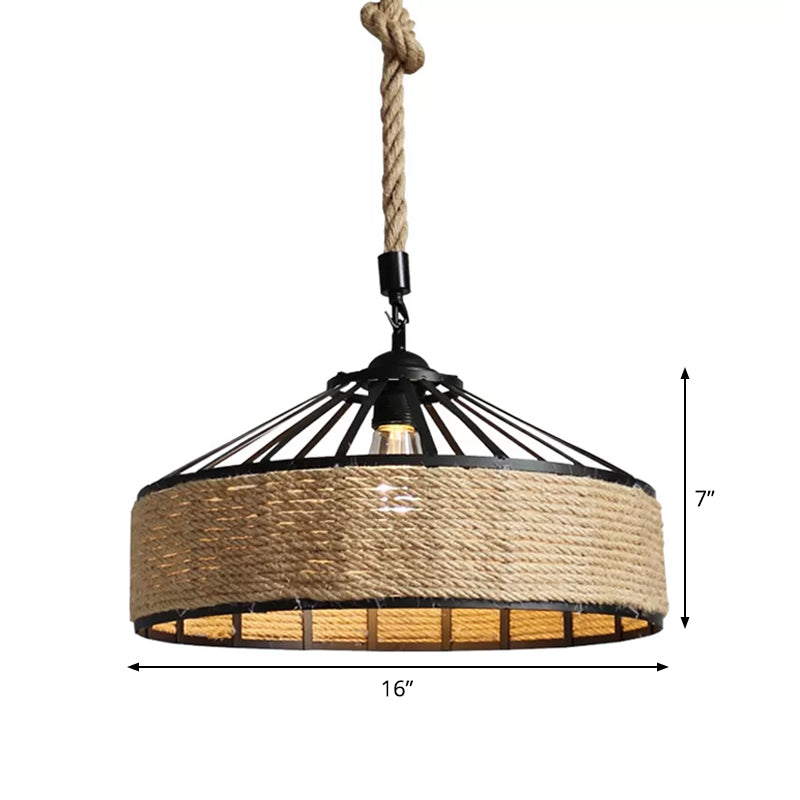 Barn Caged Dining Room Ceiling Pendant Rustic Rope 1-Light Brown Hanging Light Fixture, 12"/16"/19.5" Wide Clearhalo 'Ceiling Lights' 'Industrial Pendants' 'Industrial' 'Middle Century Pendants' 'Pendant Lights' 'Pendants' 'Tiffany' Lighting' 1911735