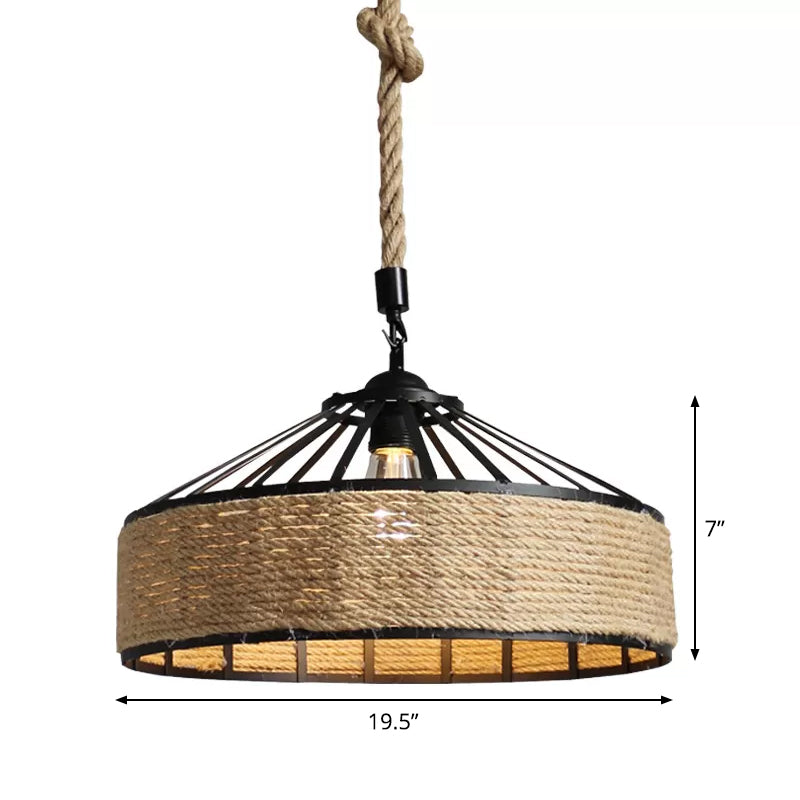 Barn Caged Dining Room Ceiling Pendant Rustic Rope 1-Light Brown Hanging Light Fixture, 12"/16"/19.5" Wide Clearhalo 'Ceiling Lights' 'Industrial Pendants' 'Industrial' 'Middle Century Pendants' 'Pendant Lights' 'Pendants' 'Tiffany' Lighting' 1911736