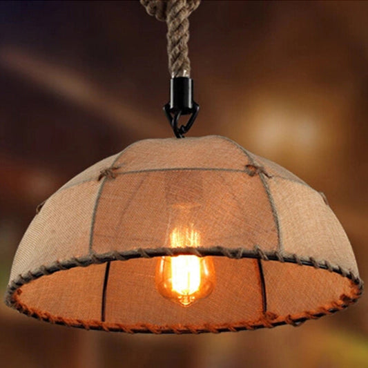 Hemispherical Fabric Down Lighting Cottage 1 Head 14"/18" W Dining Table Pendant Lamp with Stitched Rope Detail in Brown Brown Clearhalo 'Ceiling Lights' 'Industrial Pendants' 'Industrial' 'Middle Century Pendants' 'Pendant Lights' 'Pendants' 'Tiffany' Lighting' 1911737