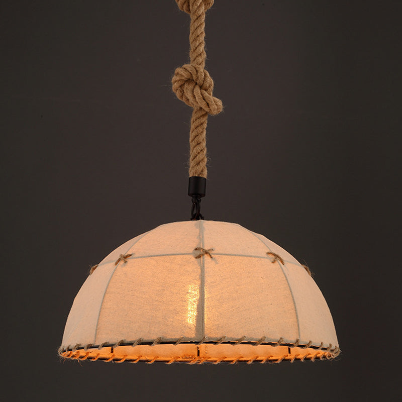 Hemispherical Fabric Down Lighting Cottage 1 Head 14"/18" W Dining Table Pendant Lamp with Stitched Rope Detail in Brown Clearhalo 'Ceiling Lights' 'Industrial Pendants' 'Industrial' 'Middle Century Pendants' 'Pendant Lights' 'Pendants' 'Tiffany' Lighting' 1911739