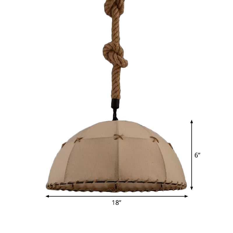 Hemispherical Fabric Down Lighting Cottage 1 Head 14"/18" W Dining Table Pendant Lamp with Stitched Rope Detail in Brown Clearhalo 'Ceiling Lights' 'Industrial Pendants' 'Industrial' 'Middle Century Pendants' 'Pendant Lights' 'Pendants' 'Tiffany' Lighting' 1911741