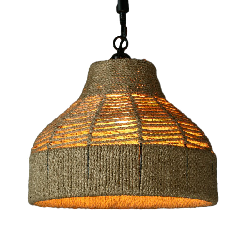 Single Hand-Worked Jute Rope Drop Pendant Rustic Brown Trumpet/Bowl/Truncated Cone Shaped Restaurant Hanging Light Clearhalo 'Ceiling Lights' 'Industrial Pendants' 'Industrial' 'Middle Century Pendants' 'Pendant Lights' 'Pendants' 'Tiffany' Lighting' 1911743
