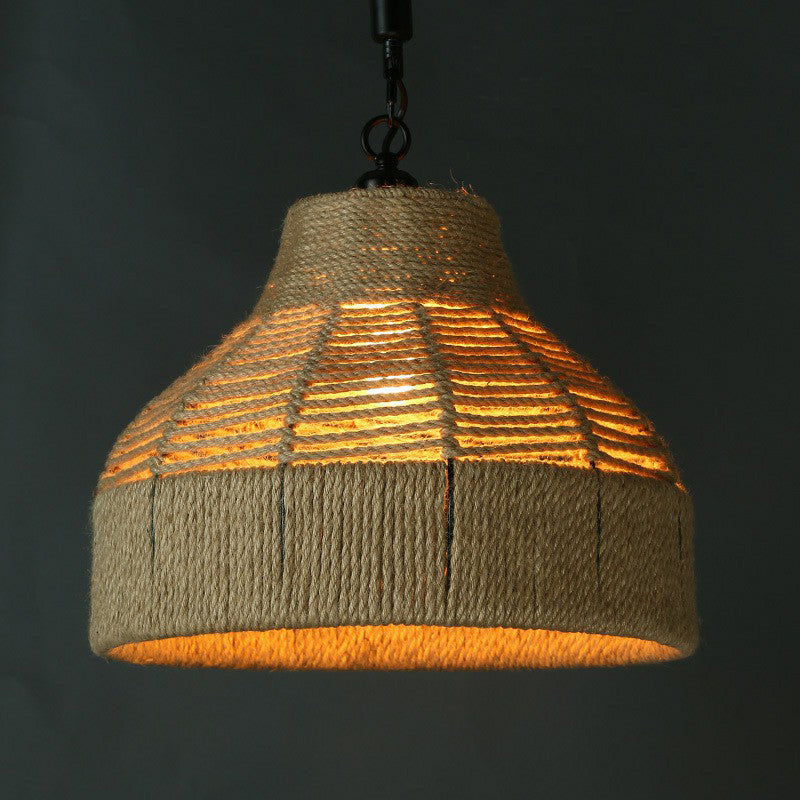 Single Hand-Worked Jute Rope Drop Pendant Rustic Brown Trumpet/Bowl/Truncated Cone Shaped Restaurant Hanging Light Clearhalo 'Ceiling Lights' 'Industrial Pendants' 'Industrial' 'Middle Century Pendants' 'Pendant Lights' 'Pendants' 'Tiffany' Lighting' 1911744