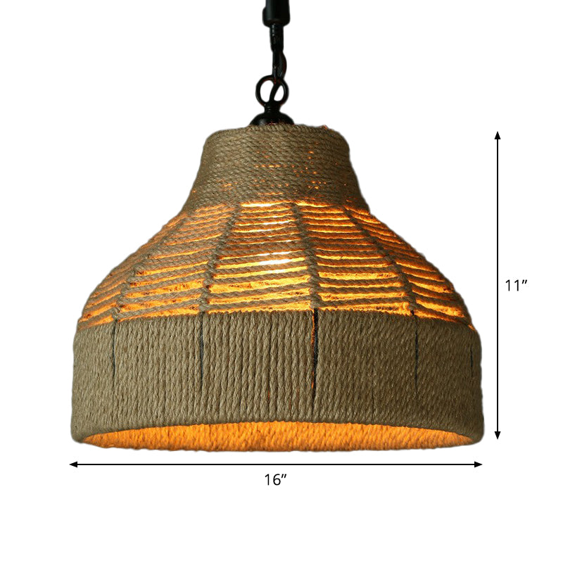 Single Hand-Worked Jute Rope Drop Pendant Rustic Brown Trumpet/Bowl/Truncated Cone Shaped Restaurant Hanging Light Clearhalo 'Ceiling Lights' 'Industrial Pendants' 'Industrial' 'Middle Century Pendants' 'Pendant Lights' 'Pendants' 'Tiffany' Lighting' 1911745