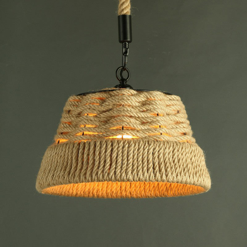Single Hand-Worked Jute Rope Drop Pendant Rustic Brown Trumpet/Bowl/Truncated Cone Shaped Restaurant Hanging Light Clearhalo 'Ceiling Lights' 'Industrial Pendants' 'Industrial' 'Middle Century Pendants' 'Pendant Lights' 'Pendants' 'Tiffany' Lighting' 1911748