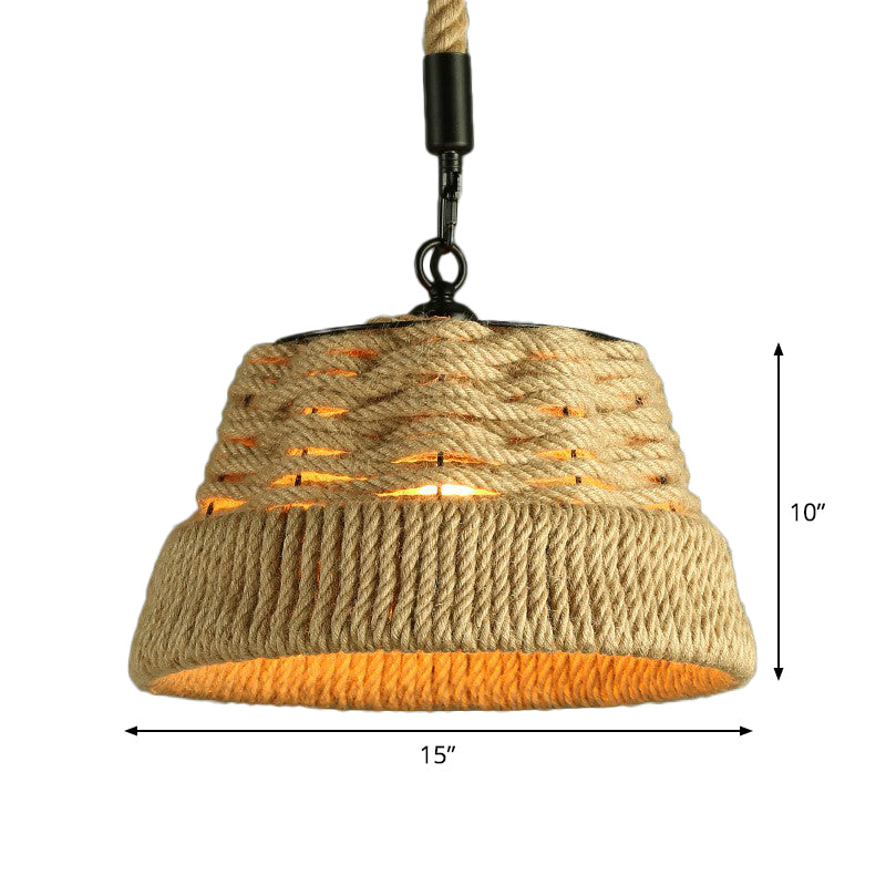 Single Hand-Worked Jute Rope Drop Pendant Rustic Brown Trumpet/Bowl/Truncated Cone Shaped Restaurant Hanging Light Clearhalo 'Ceiling Lights' 'Industrial Pendants' 'Industrial' 'Middle Century Pendants' 'Pendant Lights' 'Pendants' 'Tiffany' Lighting' 1911749