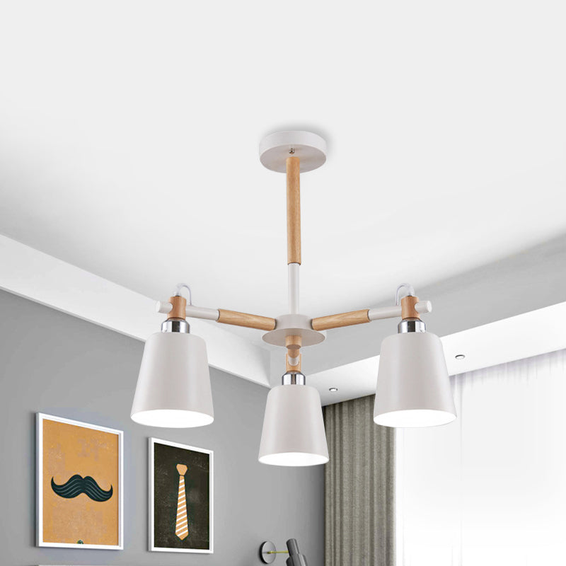 Bedroom Tapered Shade Hanging Ceiling Lamp Iron and Wood 3 Bulbs Nordic Hanging Chandelier White Clearhalo 'Ceiling Lights' 'Chandeliers' Lighting' options 191174_13615076-a1e6-4ada-9b1b-2506d5b0a650