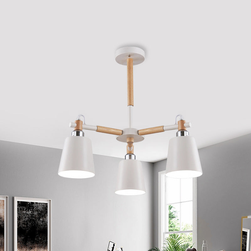 Bedroom Tapered Shade Hanging Ceiling Lamp Iron and Wood 3 Bulbs Nordic Hanging Chandelier Clearhalo 'Ceiling Lights' 'Chandeliers' Lighting' options 191175