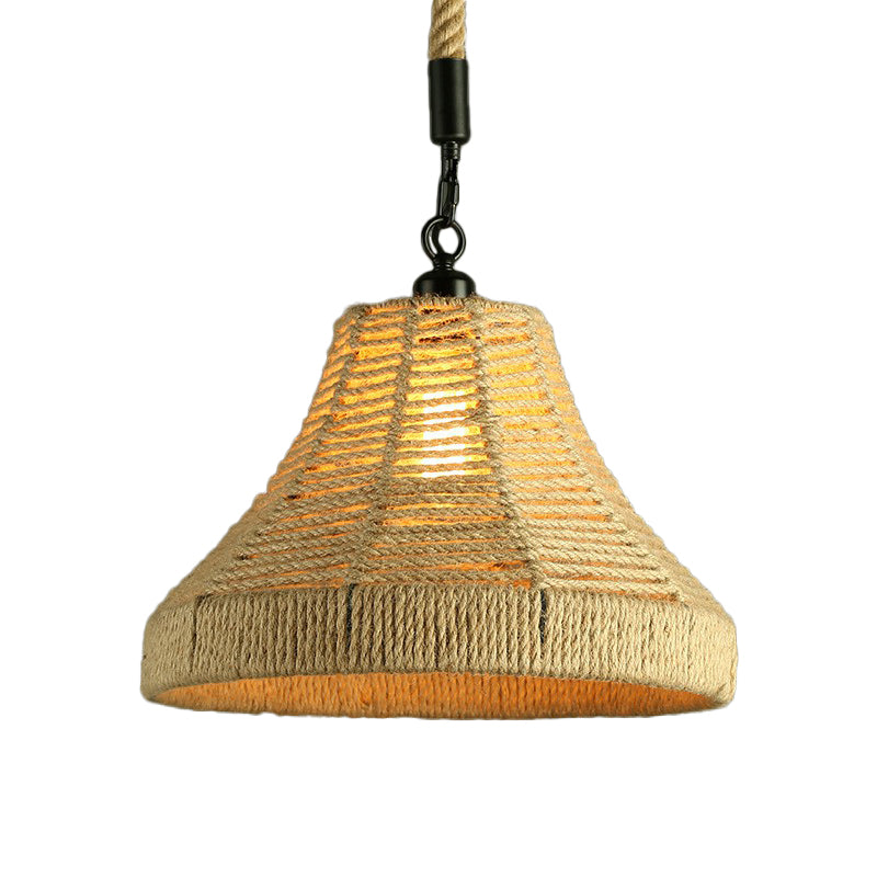 Single Hand-Worked Jute Rope Drop Pendant Rustic Brown Trumpet/Bowl/Truncated Cone Shaped Restaurant Hanging Light Brown B Clearhalo 'Ceiling Lights' 'Industrial Pendants' 'Industrial' 'Middle Century Pendants' 'Pendant Lights' 'Pendants' 'Tiffany' Lighting' 1911750