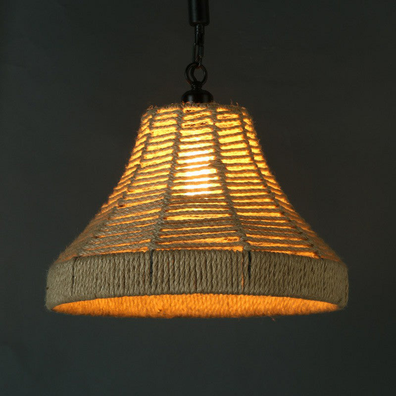 Single Hand-Worked Jute Rope Drop Pendant Rustic Brown Trumpet/Bowl/Truncated Cone Shaped Restaurant Hanging Light Clearhalo 'Ceiling Lights' 'Industrial Pendants' 'Industrial' 'Middle Century Pendants' 'Pendant Lights' 'Pendants' 'Tiffany' Lighting' 1911751