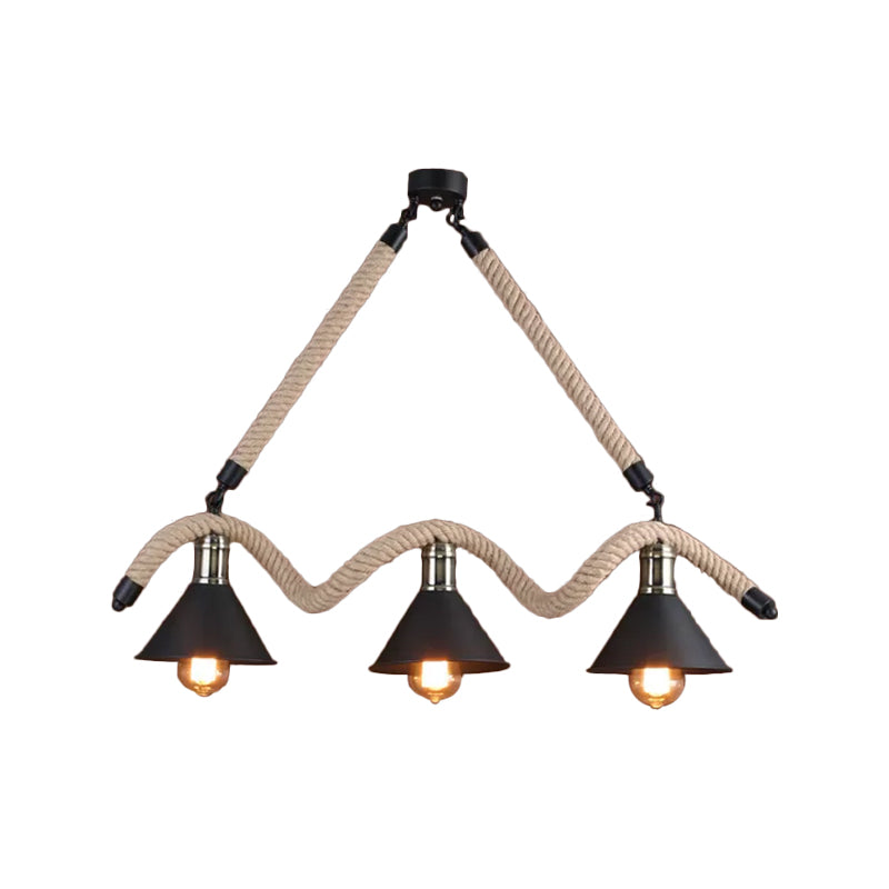 Hemp Black and Brown Suspension Pendant Wavy 3 Heads Industrial Island Lamp with Conical Shade Clearhalo 'Ceiling Lights' 'Island Lights' Lighting' 1911755