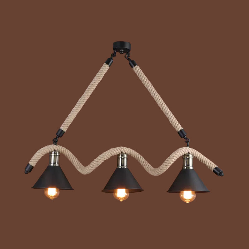 Hemp Black and Brown Suspension Pendant Wavy 3 Heads Industrial Island Lamp with Conical Shade Clearhalo 'Ceiling Lights' 'Island Lights' Lighting' 1911756