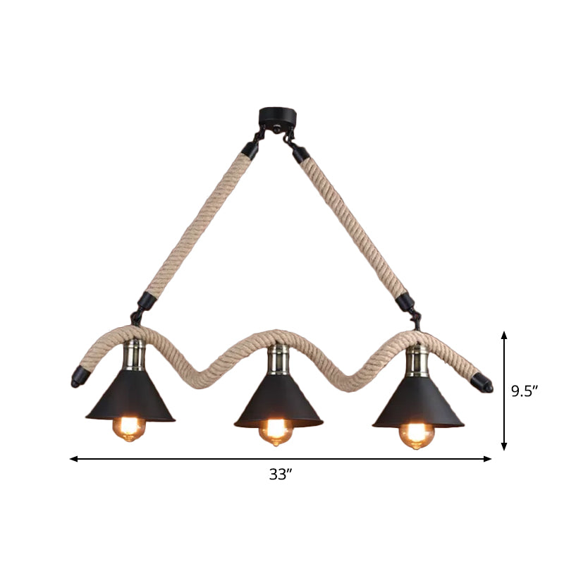 Hemp Black and Brown Suspension Pendant Wavy 3 Heads Industrial Island Lamp with Conical Shade Clearhalo 'Ceiling Lights' 'Island Lights' Lighting' 1911757