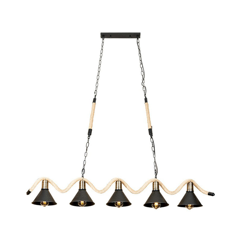 Black 5 Lights Island Pendant Warehouse Hemp Rope Undulating Ceiling Lamp with Conic Metal Shade Clearhalo 'Ceiling Lights' 'Island Lights' Lighting' 1911761