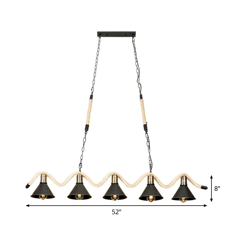Black 5 Lights Island Pendant Warehouse Hemp Rope Undulating Ceiling Lamp with Conic Metal Shade Clearhalo 'Ceiling Lights' 'Island Lights' Lighting' 1911762