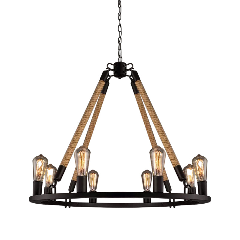 Black Wagon Wheel Chandelier Pendant Industrial Hemp Rope 6/8 Lights Living Room Ceiling Hang Lamp Clearhalo 'Cast Iron' 'Ceiling Lights' 'Chandeliers' 'Industrial Chandeliers' 'Industrial' 'Metal' 'Middle Century Chandeliers' 'Rustic Chandeliers' 'Tiffany' Lighting' 1911786