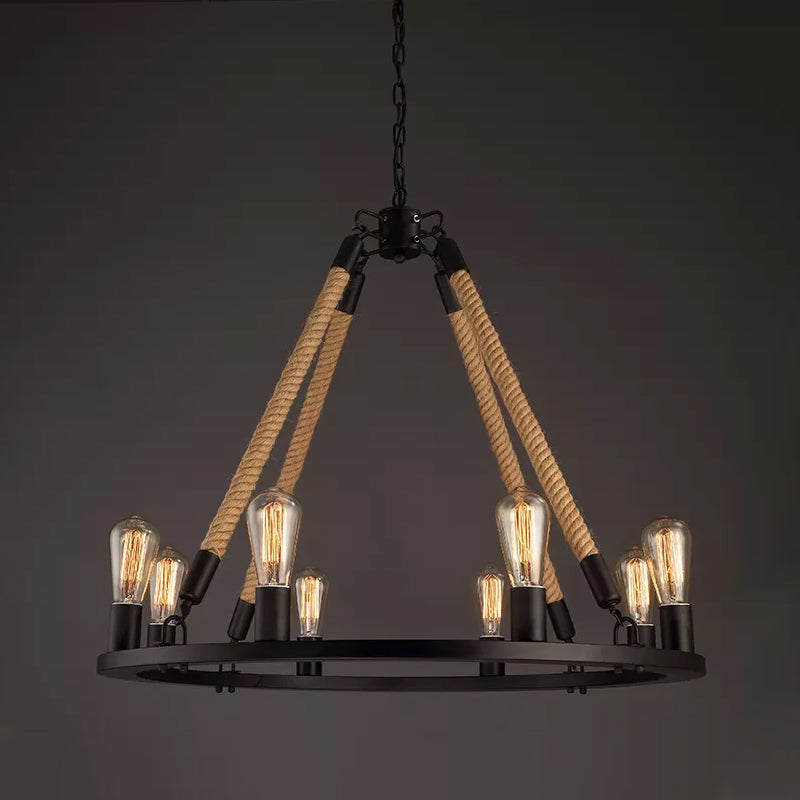 Black Wagon Wheel Chandelier Pendant Industrial Hemp Rope 6/8 Lights Living Room Ceiling Hang Lamp Clearhalo 'Cast Iron' 'Ceiling Lights' 'Chandeliers' 'Industrial Chandeliers' 'Industrial' 'Metal' 'Middle Century Chandeliers' 'Rustic Chandeliers' 'Tiffany' Lighting' 1911787