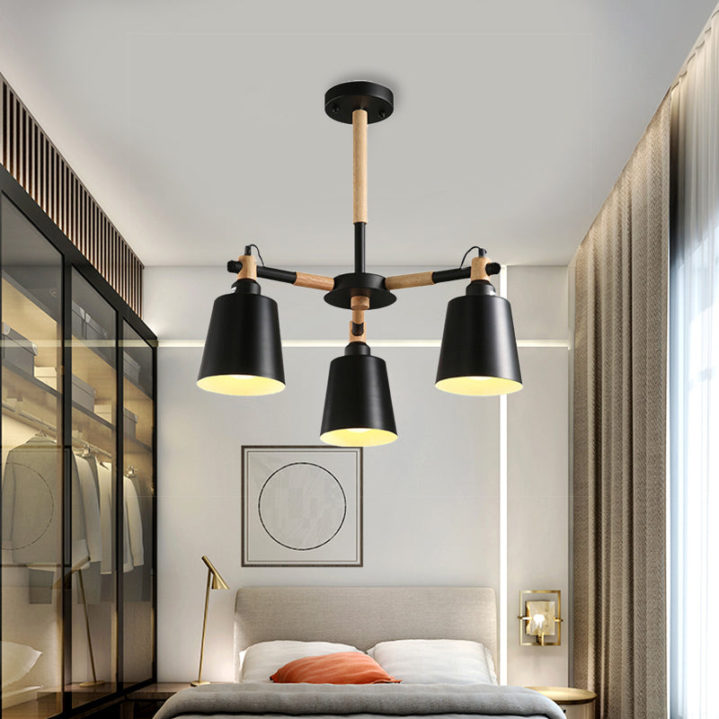 Bedroom Tapered Shade Hanging Ceiling Lamp Iron and Wood 3 Bulbs Nordic Hanging Chandelier Black Clearhalo 'Ceiling Lights' 'Chandeliers' Lighting' options 191178_8908a03b-bf32-4a8d-8d80-f66c4766e021