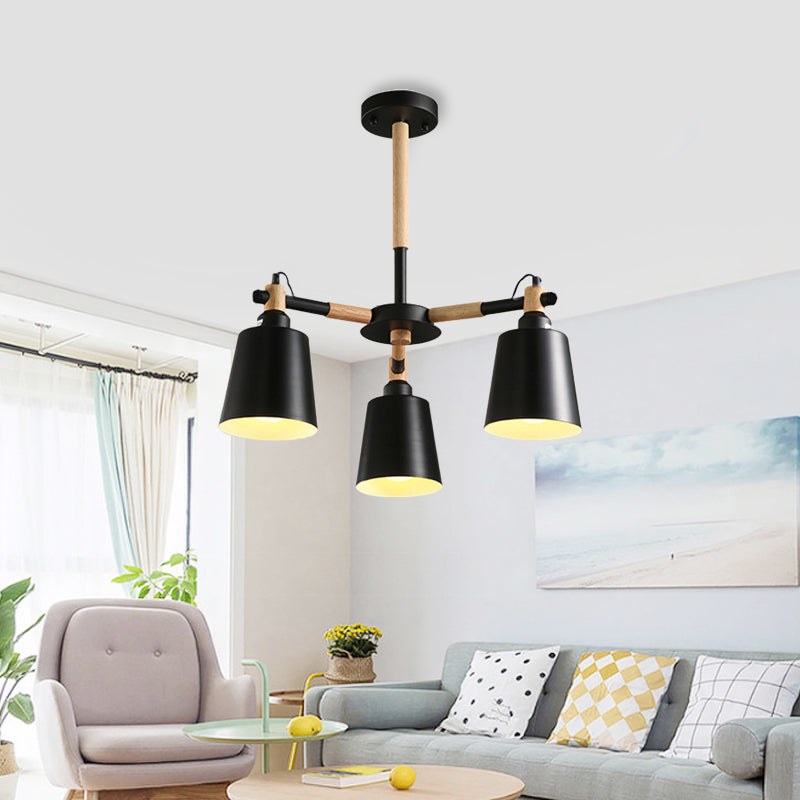 Bedroom Tapered Shade Hanging Ceiling Lamp Iron and Wood 3 Bulbs Nordic Hanging Chandelier Clearhalo 'Ceiling Lights' 'Chandeliers' Lighting' options 191179
