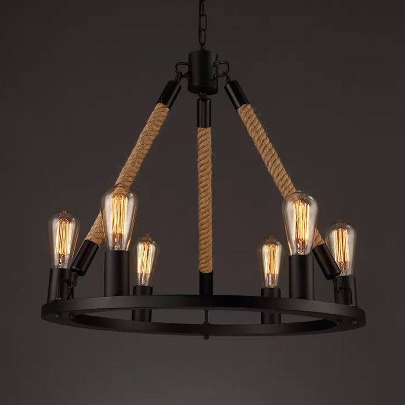 Black Wagon Wheel Chandelier Pendant Industrial Hemp Rope 6/8 Lights Living Room Ceiling Hang Lamp Clearhalo 'Cast Iron' 'Ceiling Lights' 'Chandeliers' 'Industrial Chandeliers' 'Industrial' 'Metal' 'Middle Century Chandeliers' 'Rustic Chandeliers' 'Tiffany' Lighting' 1911790