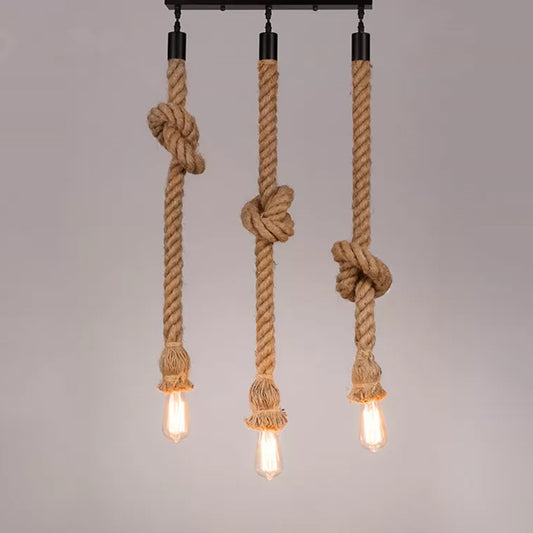 39"/59" H Brown Naked Bulb Design Pendant Countryside Rope Knot 3 Bulbs Kitchen Bar Multiple Hanging Light Brown Clearhalo 'Ceiling Lights' 'Industrial Pendants' 'Industrial' 'Middle Century Pendants' 'Pendant Lights' 'Pendants' 'Tiffany' Lighting' 1911817