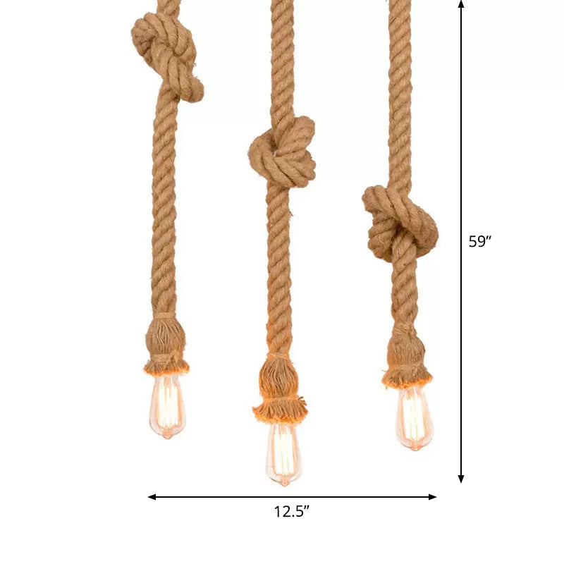 39"/59" H Brown Naked Bulb Design Pendant Countryside Rope Knot 3 Bulbs Kitchen Bar Multiple Hanging Light Clearhalo 'Ceiling Lights' 'Industrial Pendants' 'Industrial' 'Middle Century Pendants' 'Pendant Lights' 'Pendants' 'Tiffany' Lighting' 1911820