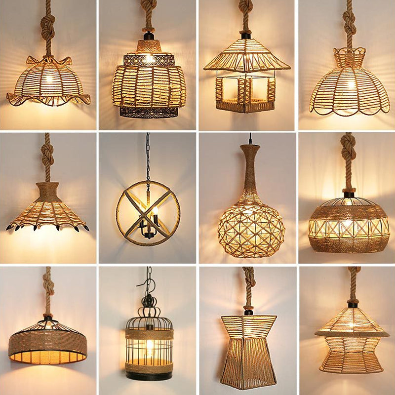 1 Head Down Lighting Pendant Rustic Scalloped Bowl/Hut Shaped Jute Rope Ceiling Suspension Lamp in Wood for Dining Room Clearhalo 'Ceiling Lights' 'Industrial Pendants' 'Industrial' 'Middle Century Pendants' 'Pendant Lights' 'Pendants' 'Tiffany' Lighting' 1911843