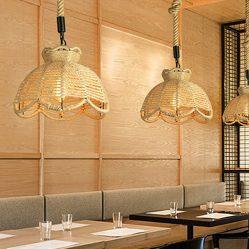 1 Head Down Lighting Pendant Rustic Scalloped Bowl/Hut Shaped Jute Rope Ceiling Suspension Lamp in Wood for Dining Room Wood A Clearhalo 'Ceiling Lights' 'Industrial Pendants' 'Industrial' 'Middle Century Pendants' 'Pendant Lights' 'Pendants' 'Tiffany' Lighting' 1911844
