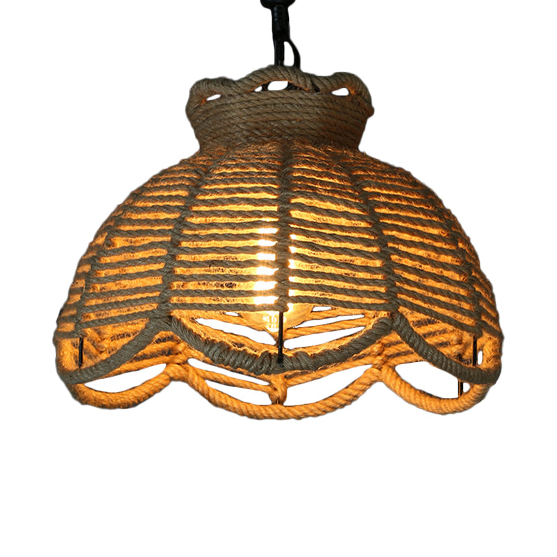 1 Head Down Lighting Pendant Rustic Scalloped Bowl/Hut Shaped Jute Rope Ceiling Suspension Lamp in Wood for Dining Room Clearhalo 'Ceiling Lights' 'Industrial Pendants' 'Industrial' 'Middle Century Pendants' 'Pendant Lights' 'Pendants' 'Tiffany' Lighting' 1911845