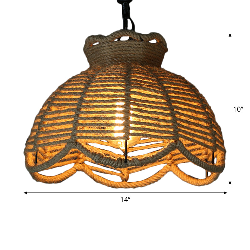 1 Head Down Lighting Pendant Rustic Scalloped Bowl/Hut Shaped Jute Rope Ceiling Suspension Lamp in Wood for Dining Room Clearhalo 'Ceiling Lights' 'Industrial Pendants' 'Industrial' 'Middle Century Pendants' 'Pendant Lights' 'Pendants' 'Tiffany' Lighting' 1911847