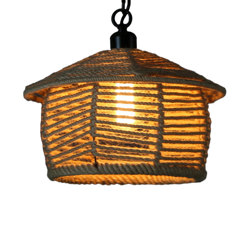 1 Head Down Lighting Pendant Rustic Scalloped Bowl/Hut Shaped Jute Rope Ceiling Suspension Lamp in Wood for Dining Room Clearhalo 'Ceiling Lights' 'Industrial Pendants' 'Industrial' 'Middle Century Pendants' 'Pendant Lights' 'Pendants' 'Tiffany' Lighting' 1911849
