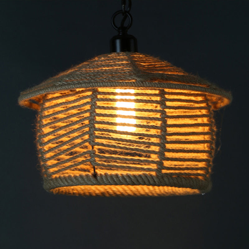 1 Head Down Lighting Pendant Rustic Scalloped Bowl/Hut Shaped Jute Rope Ceiling Suspension Lamp in Wood for Dining Room Clearhalo 'Ceiling Lights' 'Industrial Pendants' 'Industrial' 'Middle Century Pendants' 'Pendant Lights' 'Pendants' 'Tiffany' Lighting' 1911850