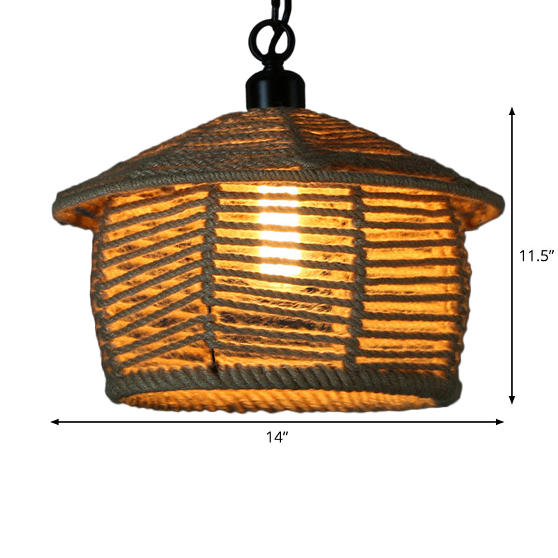 1 Head Down Lighting Pendant Rustic Scalloped Bowl/Hut Shaped Jute Rope Ceiling Suspension Lamp in Wood for Dining Room Clearhalo 'Ceiling Lights' 'Industrial Pendants' 'Industrial' 'Middle Century Pendants' 'Pendant Lights' 'Pendants' 'Tiffany' Lighting' 1911851