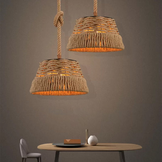 Hand-Weaving Rope Tapered Pendant Rustic 1 Bulb Country Club Ceiling Hang Light in Brown Brown Clearhalo 'Ceiling Lights' 'Industrial Pendants' 'Industrial' 'Middle Century Pendants' 'Pendant Lights' 'Pendants' 'Tiffany' Lighting' 1911852