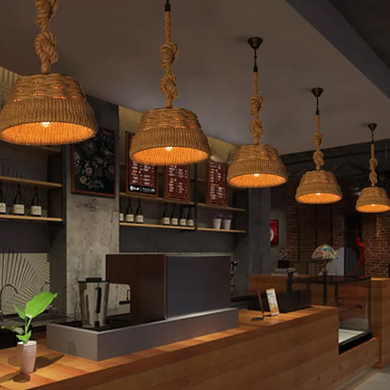 Hand-Weaving Rope Tapered Pendant Rustic 1 Bulb Country Club Ceiling Hang Light in Brown Clearhalo 'Ceiling Lights' 'Industrial Pendants' 'Industrial' 'Middle Century Pendants' 'Pendant Lights' 'Pendants' 'Tiffany' Lighting' 1911853
