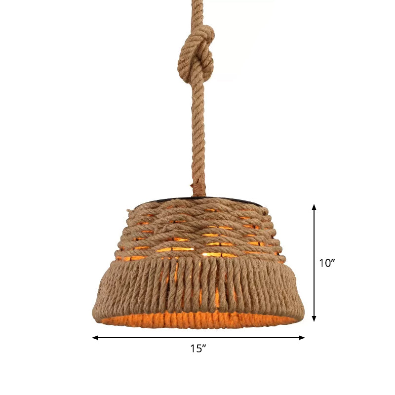 Hand-Weaving Rope Tapered Pendant Rustic 1 Bulb Country Club Ceiling Hang Light in Brown Clearhalo 'Ceiling Lights' 'Industrial Pendants' 'Industrial' 'Middle Century Pendants' 'Pendant Lights' 'Pendants' 'Tiffany' Lighting' 1911856