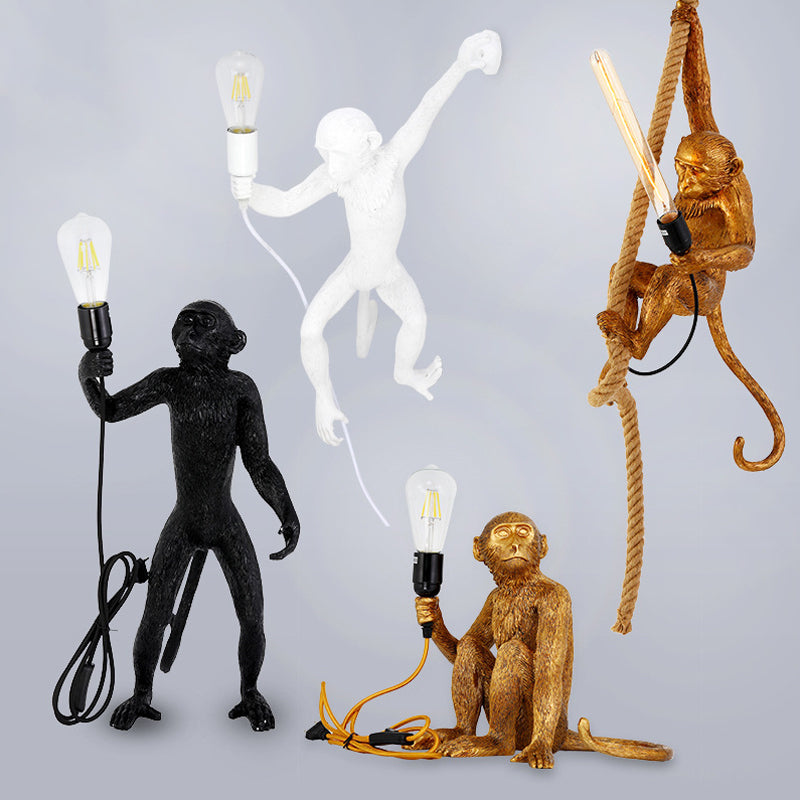 Resin Monkey Pendulum Light Novelty Lodge 1 Head Restaurant Ceiling Pendant in Gold/Black/White with Rope Cord Clearhalo 'Ceiling Lights' 'Industrial Pendants' 'Industrial' 'Middle Century Pendants' 'Pendant Lights' 'Pendants' 'Tiffany' Lighting' 1911857