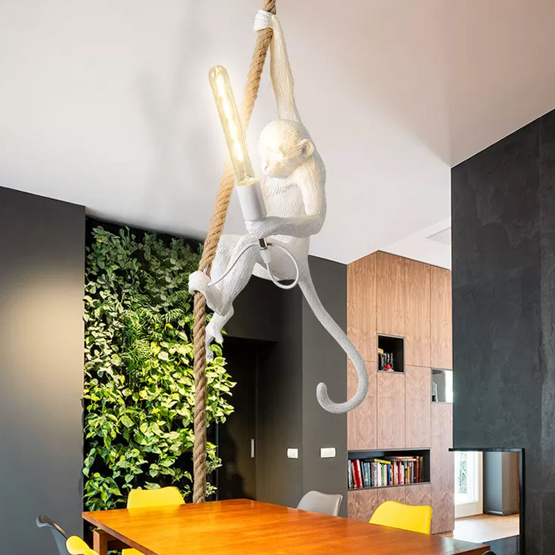 Resin Monkey Pendulum Light Novelty Lodge 1 Head Restaurant Ceiling Pendant in Gold/Black/White with Rope Cord Clearhalo 'Ceiling Lights' 'Industrial Pendants' 'Industrial' 'Middle Century Pendants' 'Pendant Lights' 'Pendants' 'Tiffany' Lighting' 1911859